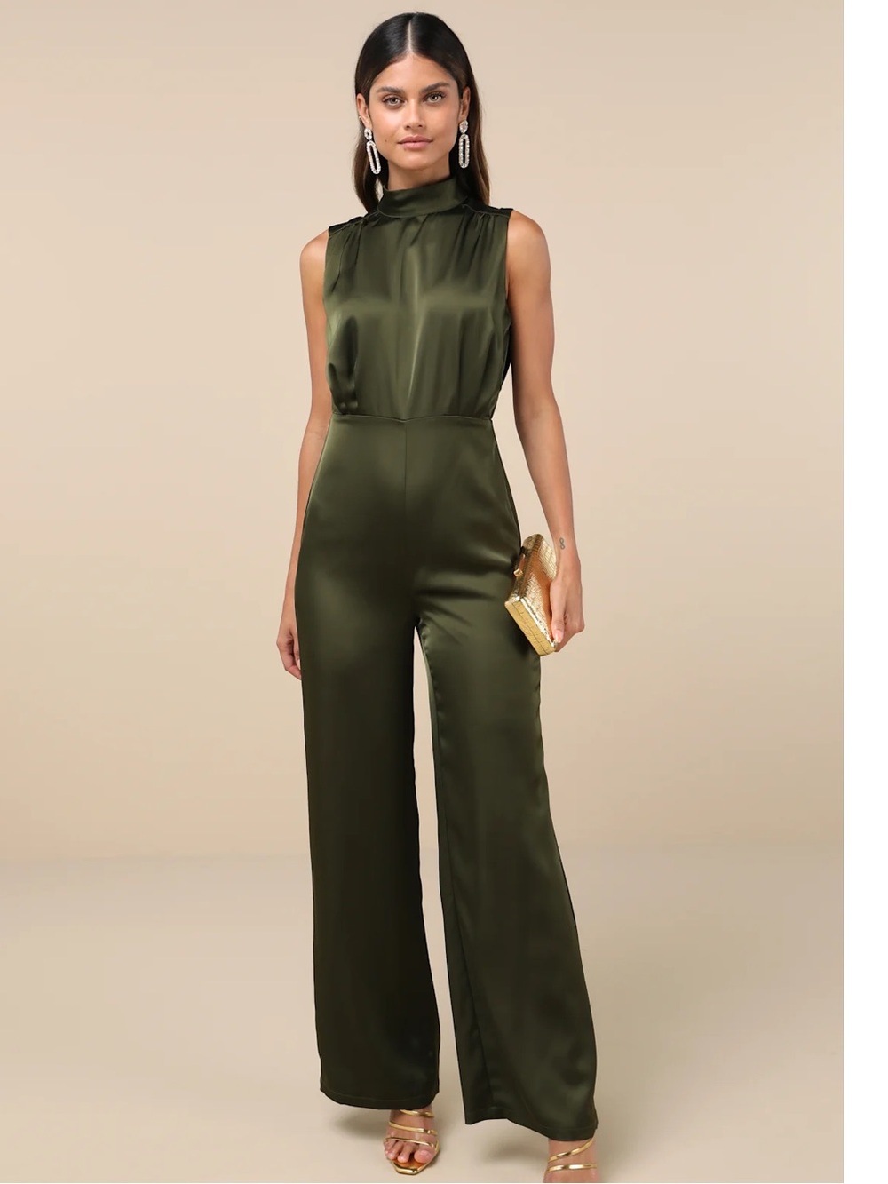 Lulus Classic Elegance Olive Green Satin Sleeveless Mock-Neck Jumpsuit Event XS